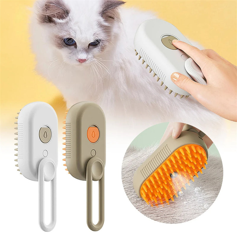 Cat being groomed with SteamGroom spray brush